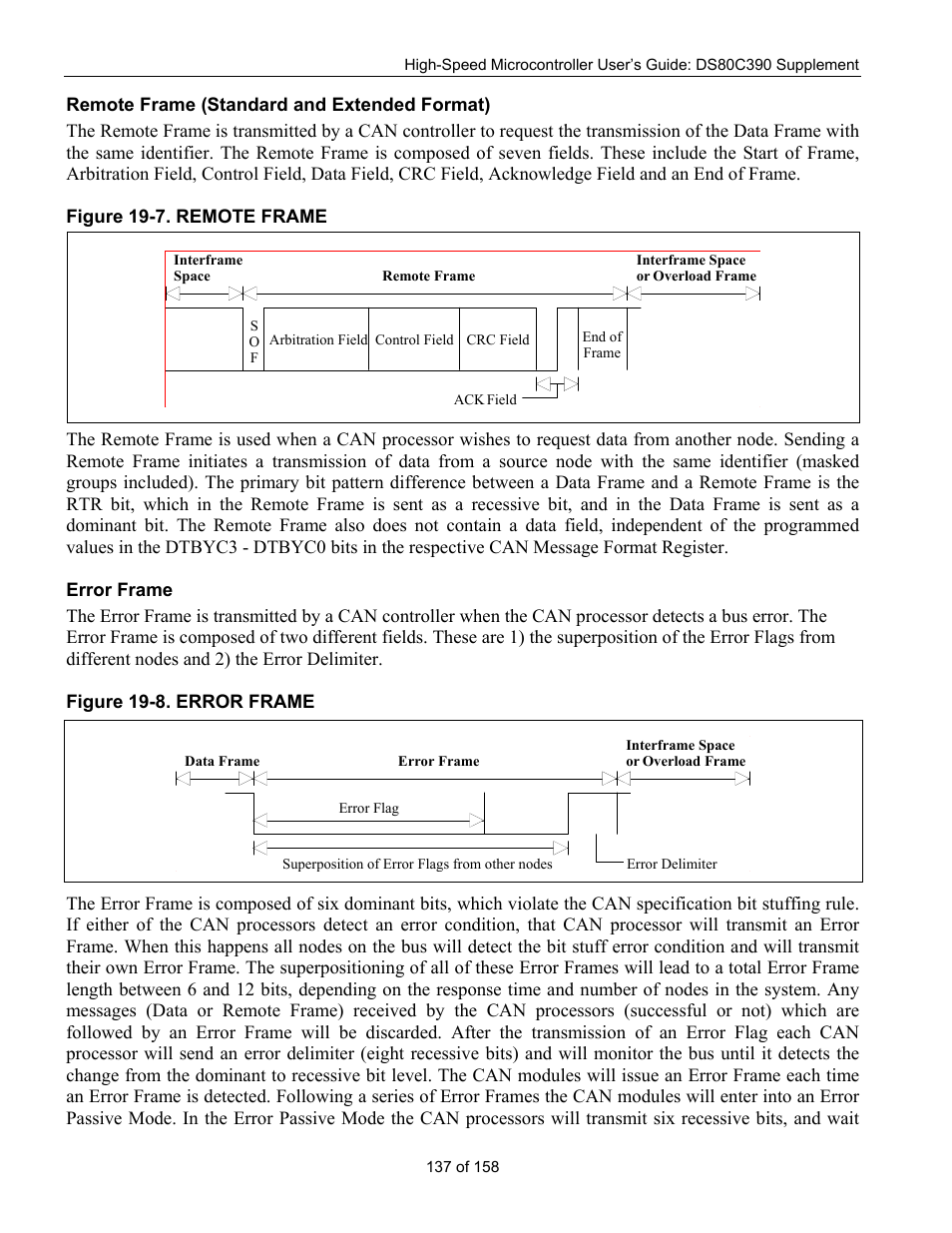 Remote frame (standard and extended format), Error frame | Maxim Integrated High-Speed Microcontroller Users Guide: DS80C390 Supplement User Manual | Page 137 / 158