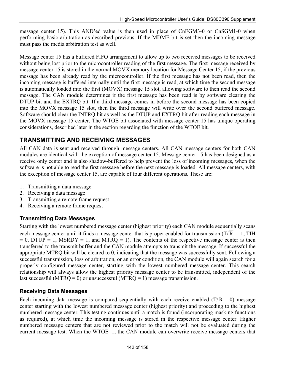 Transmitting and receiving messages, Transmitting data messages, Receiving data messages | Ransmitting and, Eceiving, Essages | Maxim Integrated High-Speed Microcontroller Users Guide: DS80C390 Supplement User Manual | Page 142 / 158