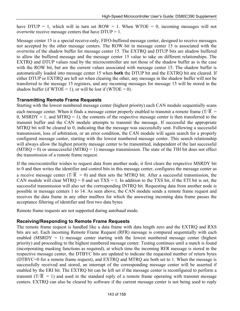 Transmitting remote frame requests, Receiving/responding to remote frame requests | Maxim Integrated High-Speed Microcontroller Users Guide: DS80C390 Supplement User Manual | Page 143 / 158