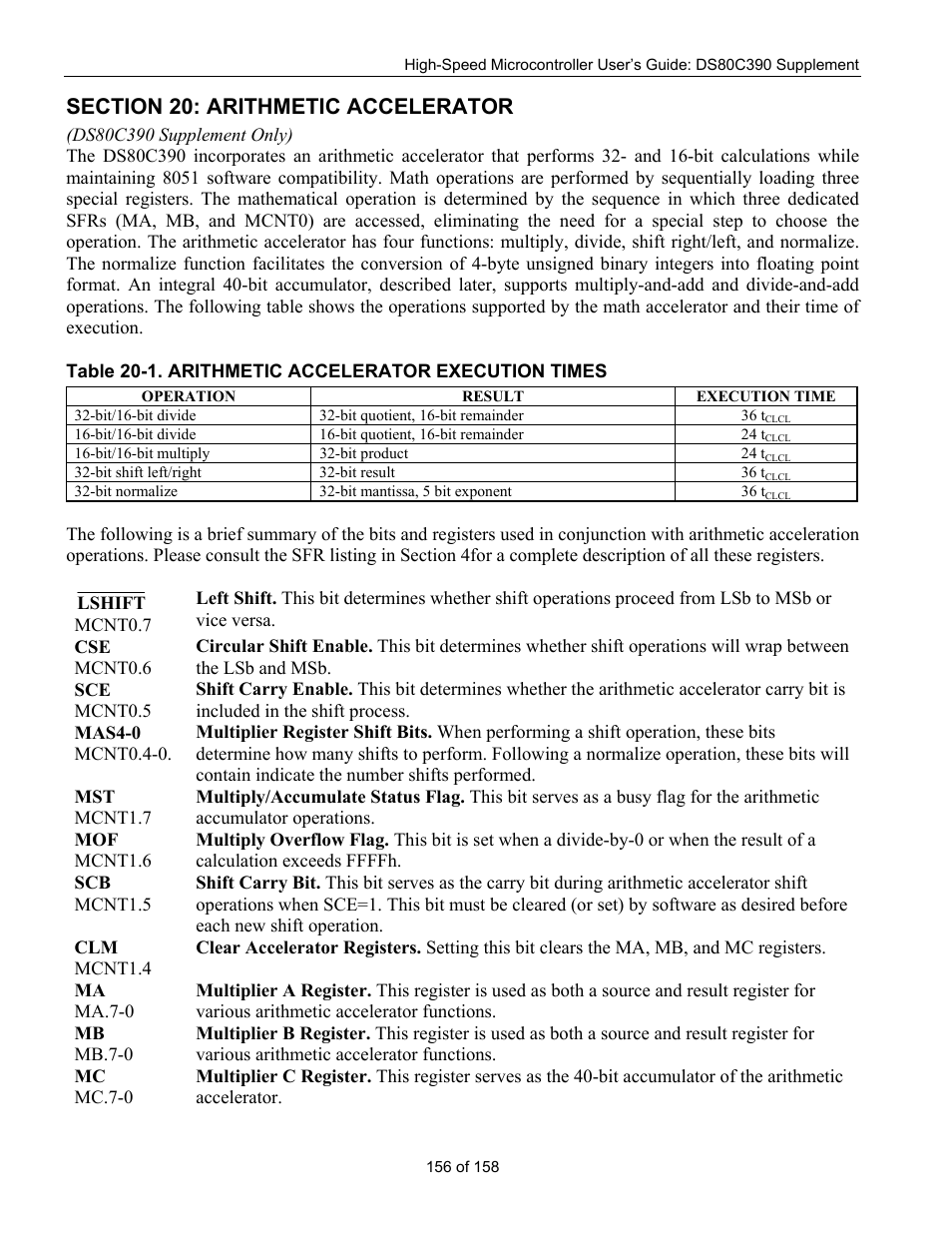 Section 20: arithmetic accelerator | Maxim Integrated High-Speed Microcontroller Users Guide: DS80C390 Supplement User Manual | Page 156 / 158