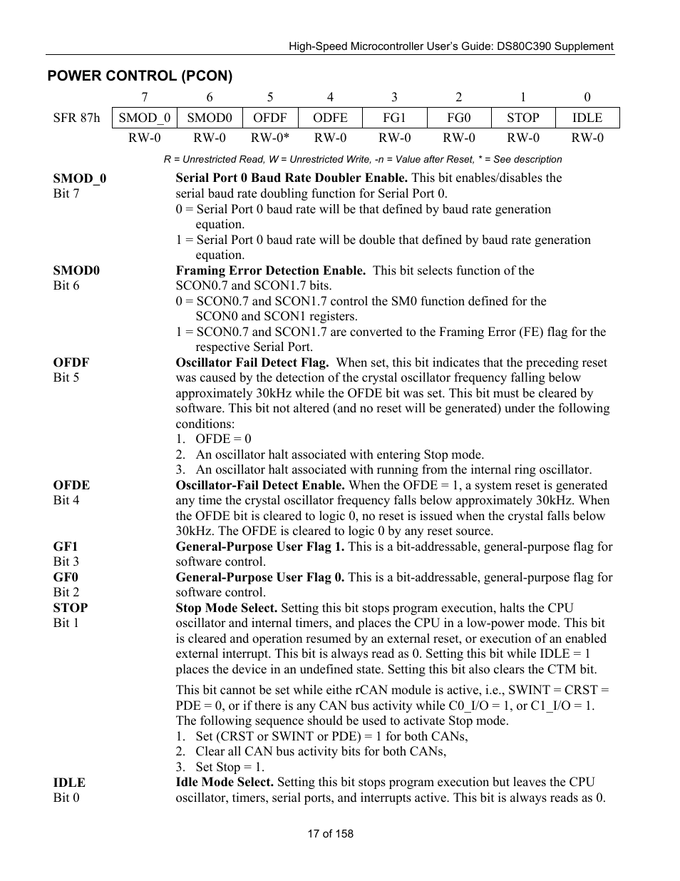 Power control (pcon), Ower, Ontrol | Pcon) | Maxim Integrated High-Speed Microcontroller Users Guide: DS80C390 Supplement User Manual | Page 17 / 158