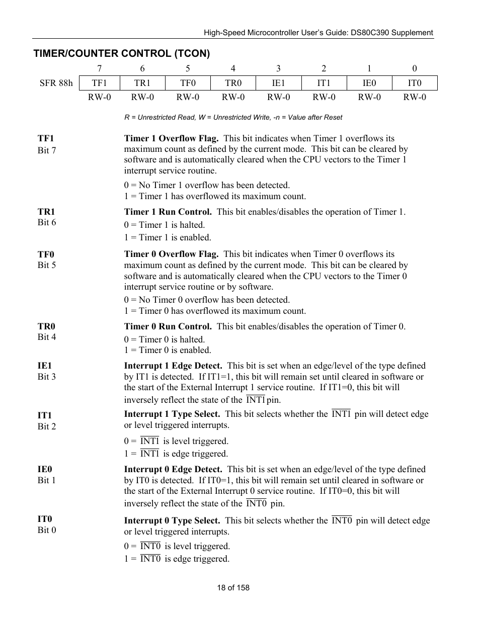 Timer/counter control (tcon), Imer, Ounter | Ontrol, Tcon) | Maxim Integrated High-Speed Microcontroller Users Guide: DS80C390 Supplement User Manual | Page 18 / 158