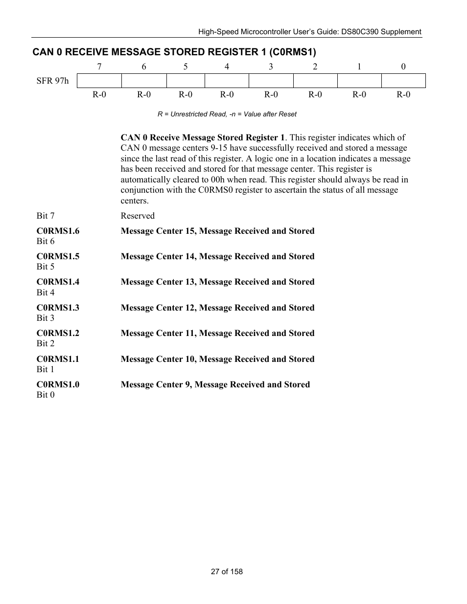 Can 0 receive message stored register 1 (c0rms1), Can 0 r, Eceive | Essage, Tored, Egister, 1 (c0rms1) | Maxim Integrated High-Speed Microcontroller Users Guide: DS80C390 Supplement User Manual | Page 27 / 158