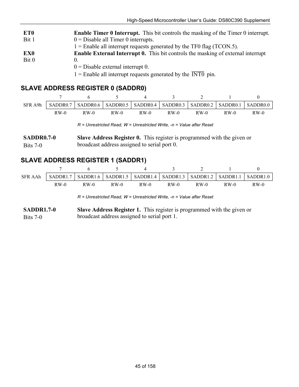 Slave address register 0 (saddr0), Slave address register 1 (saddr1), Lave | Ddress, Egister, 0 (saddr0), 1 (saddr1) | Maxim Integrated High-Speed Microcontroller Users Guide: DS80C390 Supplement User Manual | Page 45 / 158