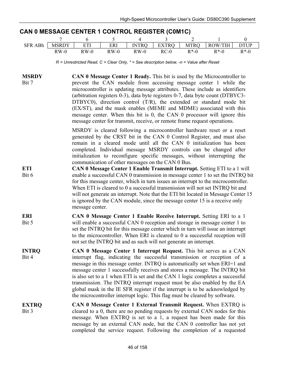 Can 0 message center 1 control register (c0m1c), Can 0 m, Essage | Enter, Ontrol, Egister, C0m1c) | Maxim Integrated High-Speed Microcontroller Users Guide: DS80C390 Supplement User Manual | Page 46 / 158