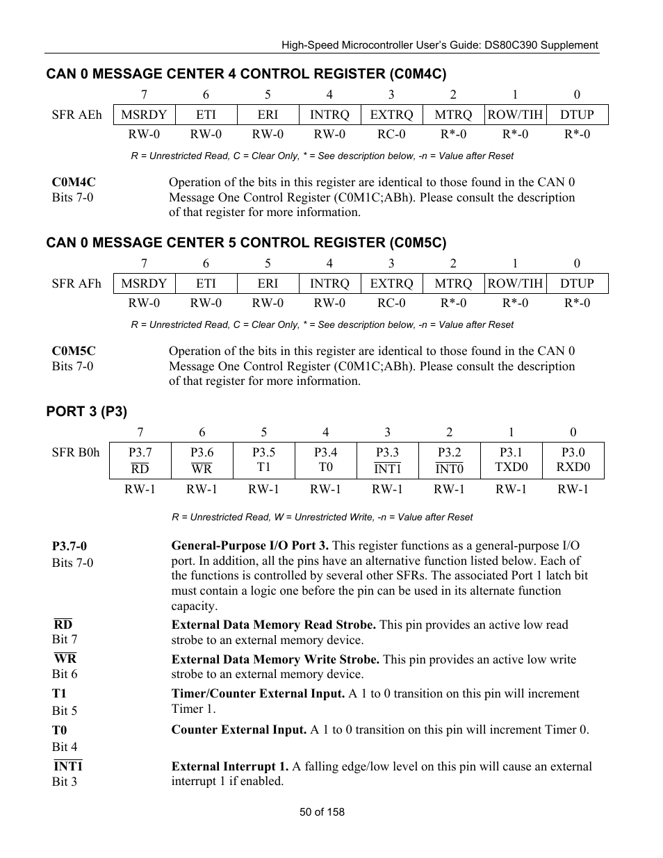Can 0 message center 4 control register (c0m4c), Can 0 message center 5 control register (c0m5c), Port 3 (p3) | Can 0 m, Essage, Enter, Ontrol, Egister, C0m4c), C0m5c) | Maxim Integrated High-Speed Microcontroller Users Guide: DS80C390 Supplement User Manual | Page 50 / 158