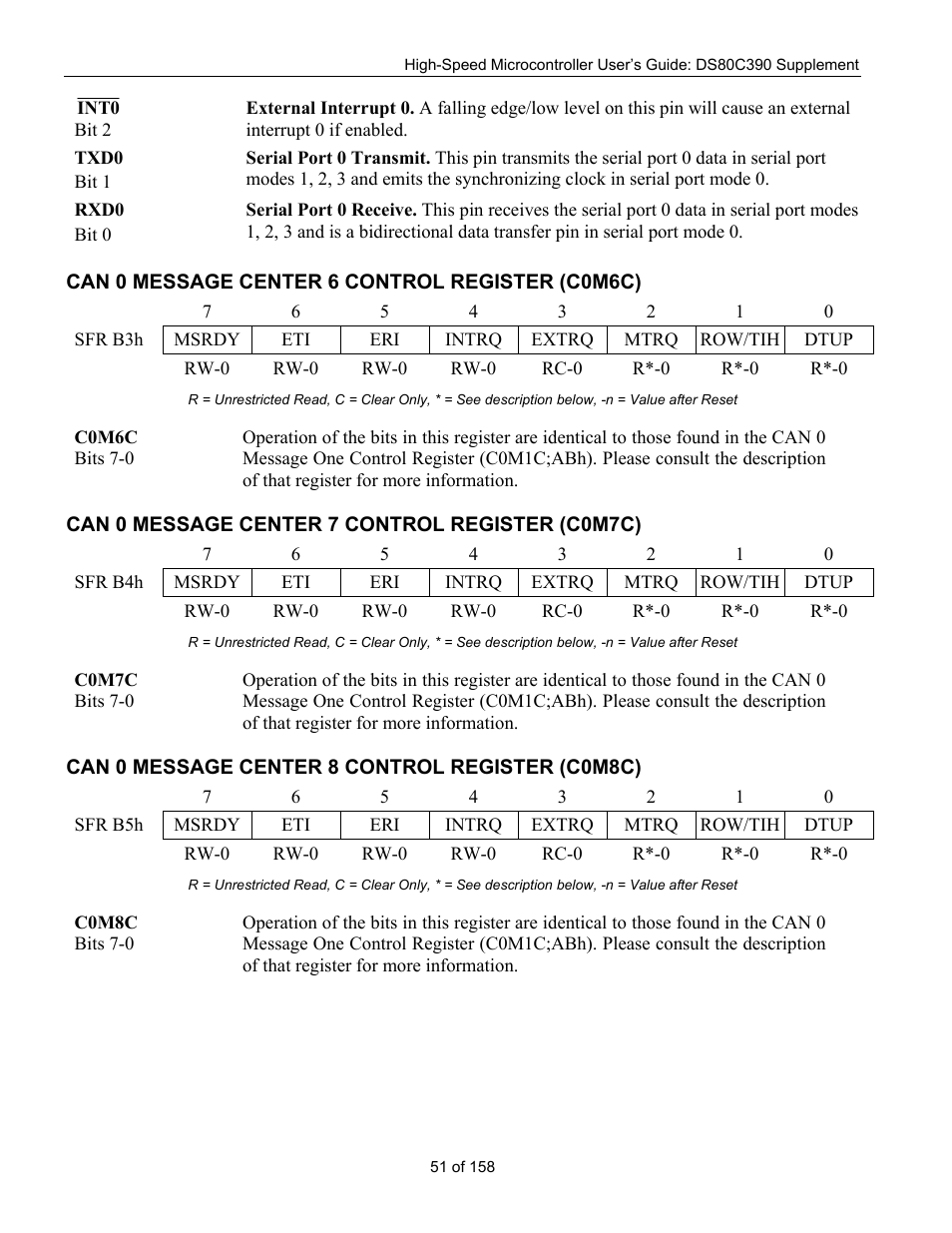Can 0 message center 6 control register (c0m6c), Can 0 message center 7 control register (c0m7c), Can 0 message center 8 control register (c0m8c) | Can 0 m, Essage, Enter, Ontrol, Egister, C0m6c), C0m7c) | Maxim Integrated High-Speed Microcontroller Users Guide: DS80C390 Supplement User Manual | Page 51 / 158