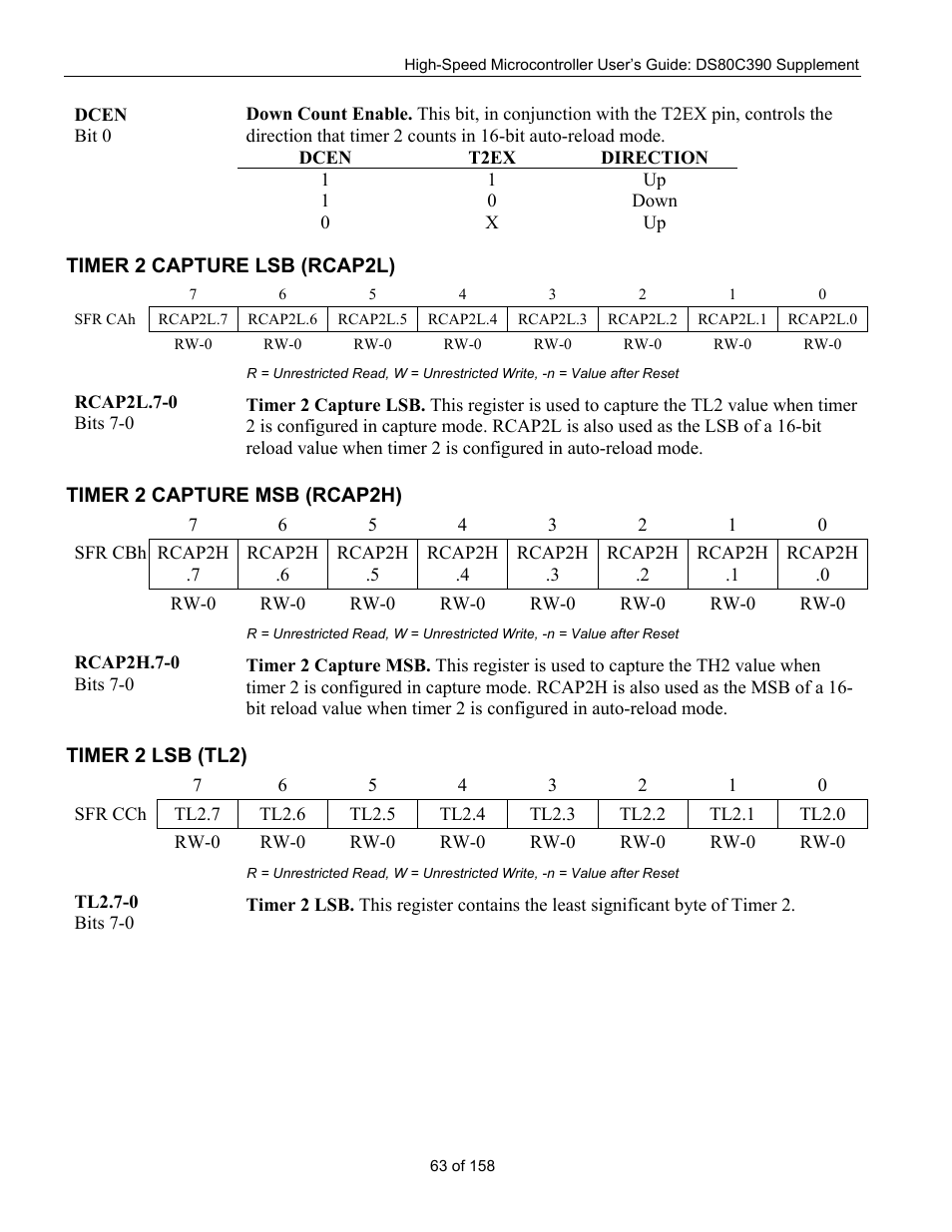 Timer 2 capture lsb (rcap2l), Timer 2 capture msb (rcap2h), Timer 2 lsb (tl2) | Imer, Apture, Lsb (rcap2l), Msb (rcap2h), 2 lsb (tl2) | Maxim Integrated High-Speed Microcontroller Users Guide: DS80C390 Supplement User Manual | Page 63 / 158