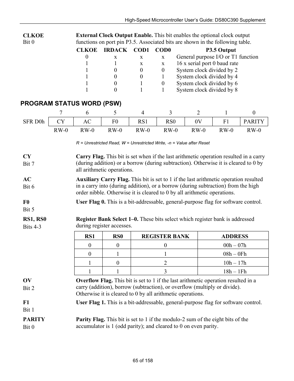 Program status word (psw), Rogram, Tatus | Psw) | Maxim Integrated High-Speed Microcontroller Users Guide: DS80C390 Supplement User Manual | Page 65 / 158