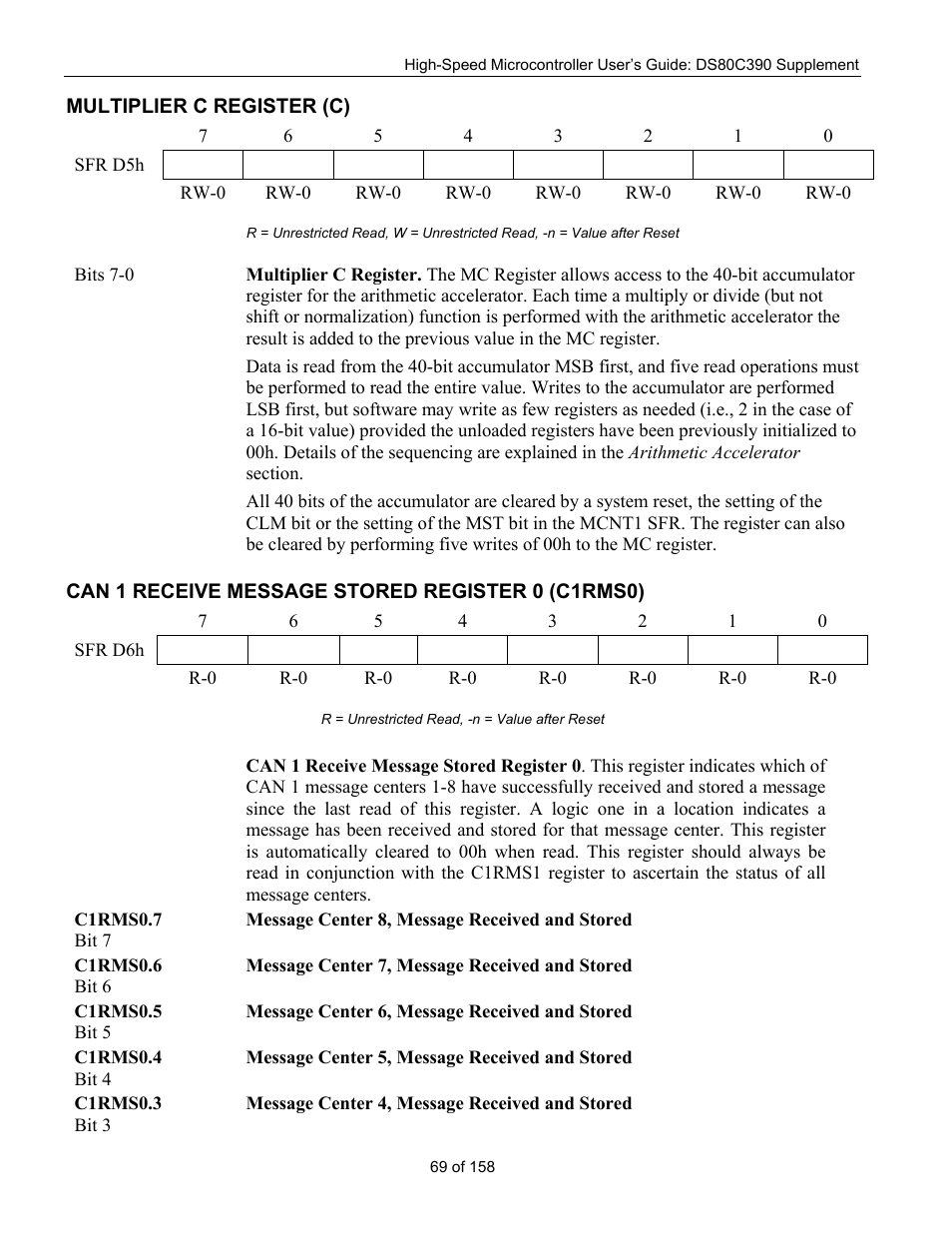 Multiplier c register (c), Can 1 receive message stored register 0 (c1rms0), Ultiplier | Egister, Can 1 r, Eceive, Essage, Tored, 0 (c1rms0) | Maxim Integrated High-Speed Microcontroller Users Guide: DS80C390 Supplement User Manual | Page 69 / 158