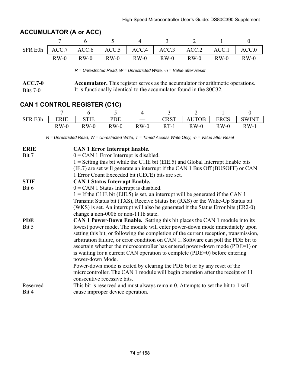 Accumulator (a or acc), Can 1 control register (c1c), Ccumulator | Acc), Can 1 c, Ontrol, Egister, C1c) | Maxim Integrated High-Speed Microcontroller Users Guide: DS80C390 Supplement User Manual | Page 74 / 158