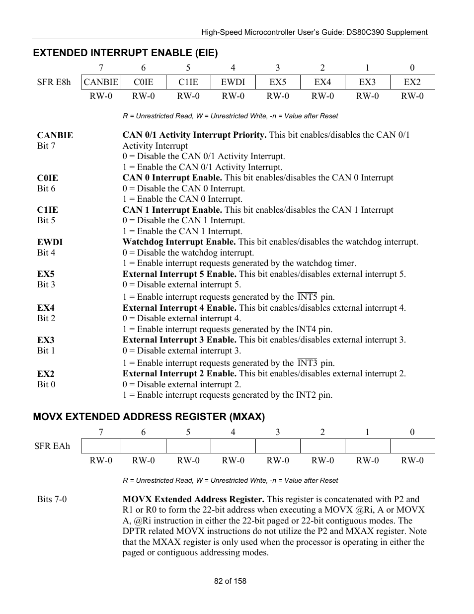 Extended interrupt enable (eie), Movx extended address register (mxax), Xtended | Nterrupt, Nable, Eie), Movx e, Ddress, Egister, Mxax) | Maxim Integrated High-Speed Microcontroller Users Guide: DS80C390 Supplement User Manual | Page 82 / 158