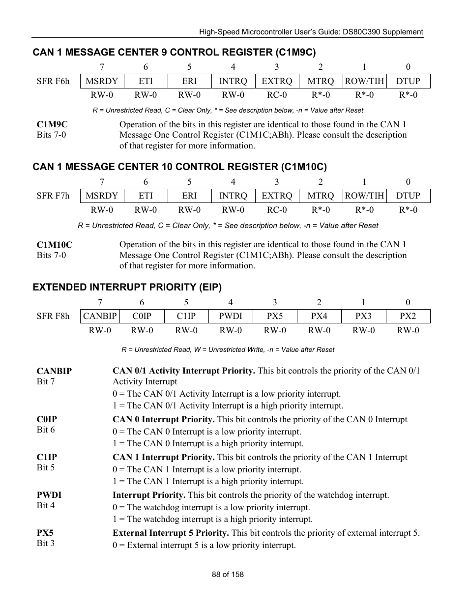 Can 1 message center 9 control register (c1m9c), Can 1 message center 10 control register (c1m10c), Extended interrupt priority (eip) | Can 1 m, Essage, Enter, Ontrol, Egister, C1m9c), 10 c | Maxim Integrated High-Speed Microcontroller Users Guide: DS80C390 Supplement User Manual | Page 88 / 158