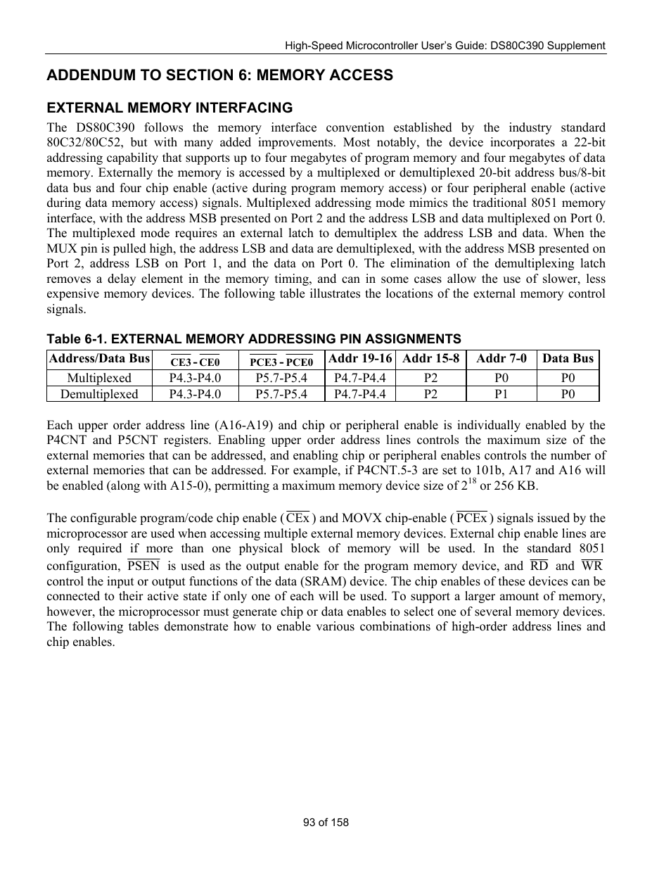 Addendum to section 6: memory access, External memory interfacing | Maxim Integrated High-Speed Microcontroller Users Guide: DS80C390 Supplement User Manual | Page 93 / 158