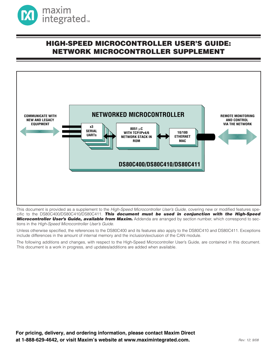 Maxim Integrated High-Speed Microcontroller Users Guide: Network Microcontroller Supplement User Manual | 221 pages