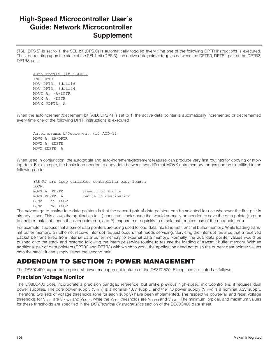 Addendum to section 7: power management, Precision voltage monitor | Maxim Integrated High-Speed Microcontroller Users Guide: Network Microcontroller Supplement User Manual | Page 109 / 221
