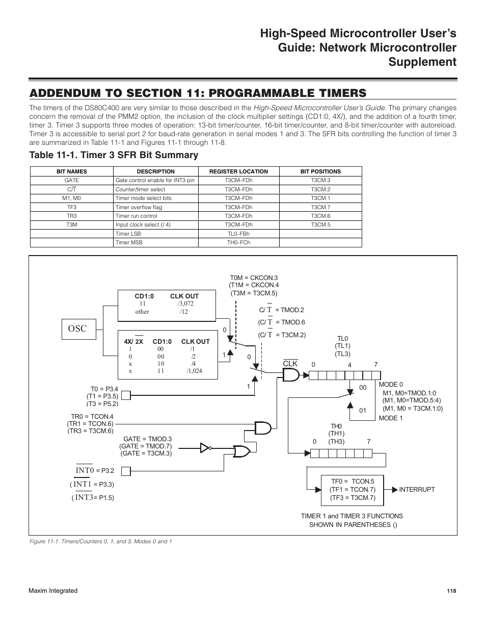 Addendum to section 11: programmable timers, Table 11-1. timer 3 sfr bit summary | Maxim Integrated High-Speed Microcontroller Users Guide: Network Microcontroller Supplement User Manual | Page 118 / 221