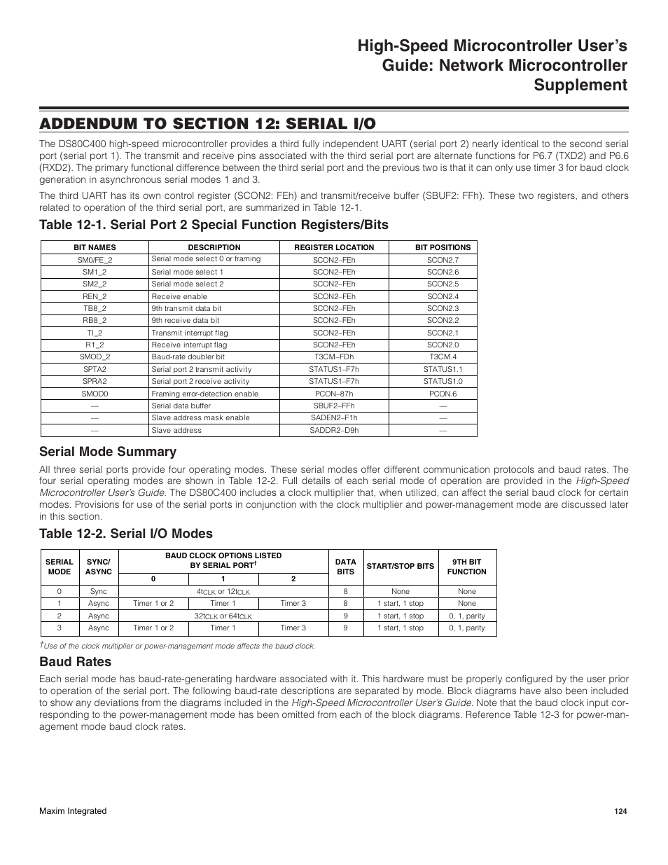 Addendum to section 12: serial i/o, Serial mode summary, Baud rates | Table 12-2. serial i/o modes | Maxim Integrated High-Speed Microcontroller Users Guide: Network Microcontroller Supplement User Manual | Page 124 / 221