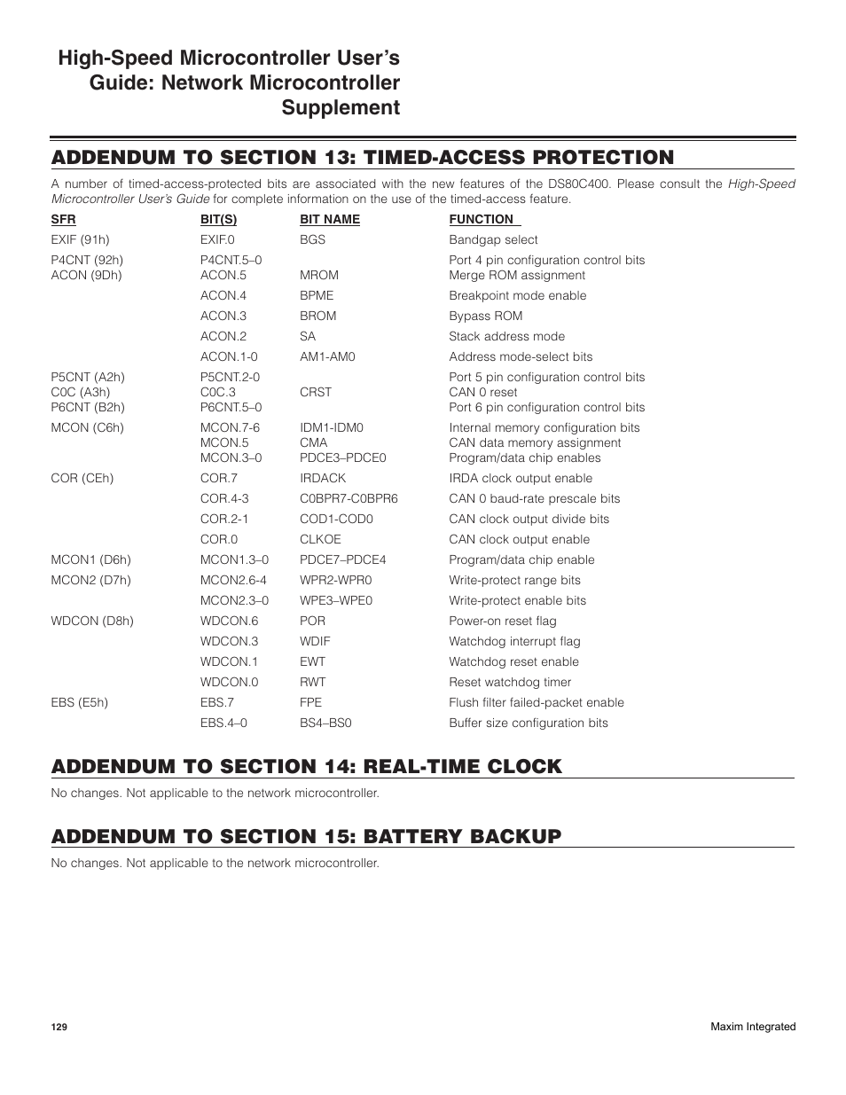 Addendum to section 13: timed-access protection, Addendum to section 14: real-time clock, Addendum to section 15: battery backup | Maxim Integrated High-Speed Microcontroller Users Guide: Network Microcontroller Supplement User Manual | Page 129 / 221