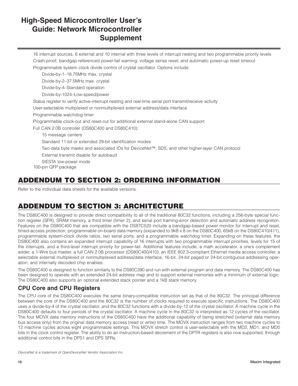 Addendum to section 2: ordering information, Addendum to section 3: architecture, Cpu core and cpu registers | Maxim Integrated High-Speed Microcontroller Users Guide: Network Microcontroller Supplement User Manual | Page 15 / 221