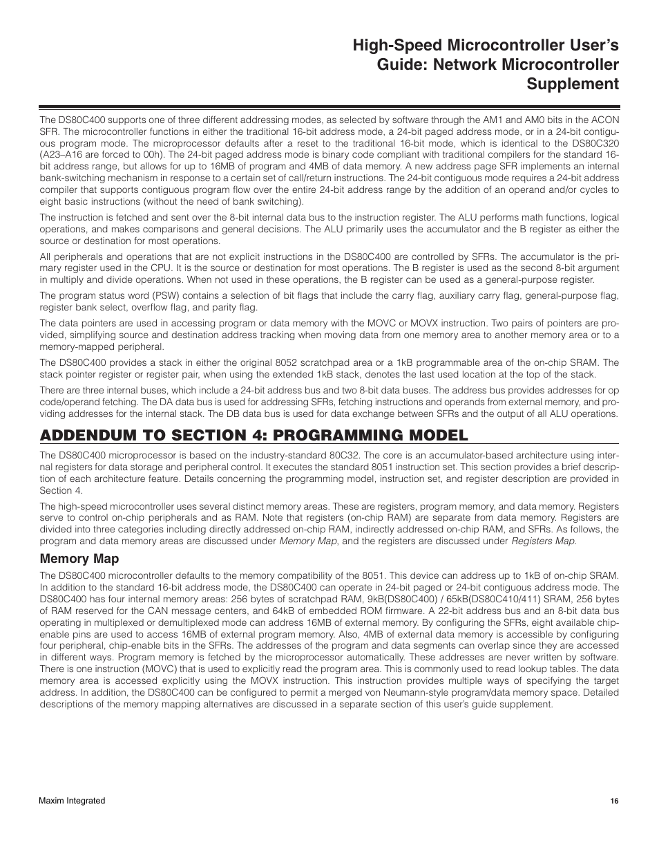 Addendum to section 4: programming model, Memory map | Maxim Integrated High-Speed Microcontroller Users Guide: Network Microcontroller Supplement User Manual | Page 16 / 221