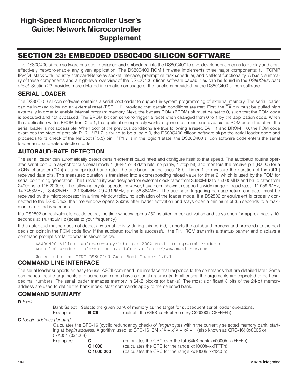 Section 23: embedded ds80c400 silicon software, Serial loader, Autobaud-rate detection | Command line interface, Command summary | Maxim Integrated High-Speed Microcontroller Users Guide: Network Microcontroller Supplement User Manual | Page 189 / 221