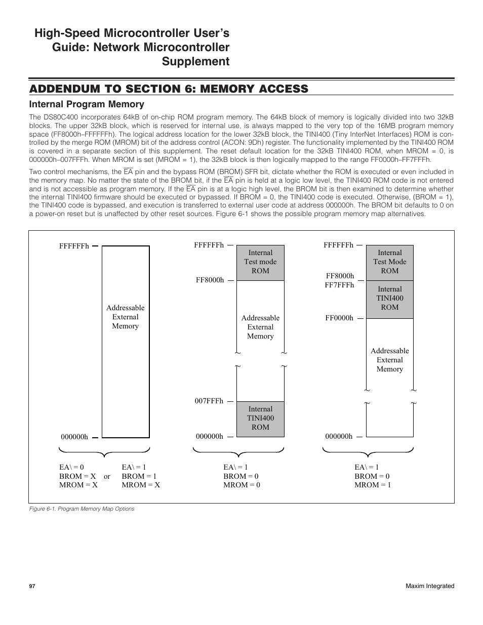 Addendum to section 6: memory access, Internal program memory | Maxim Integrated High-Speed Microcontroller Users Guide: Network Microcontroller Supplement User Manual | Page 97 / 221