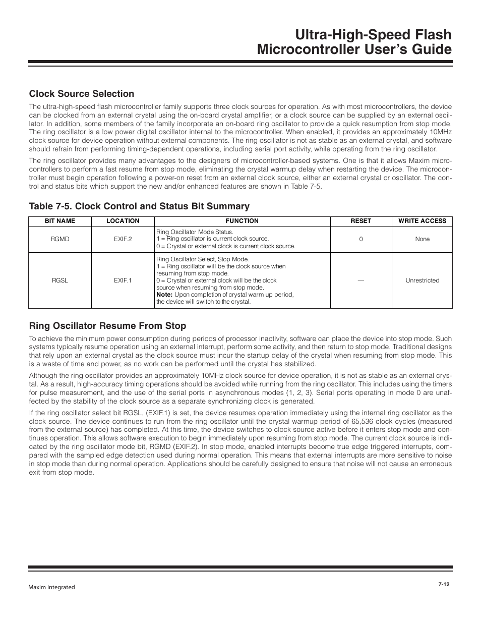 Clock source selection, Ring oscillator resume from, Clock source selection -12 | Ring oscillator resume from stop -12, Ring oscillator resume from stop, Table 7-5. clock control and status bit summary | Maxim Integrated Ultra-High-Speed Flash Microcontroller User Manual | Page 104 / 169