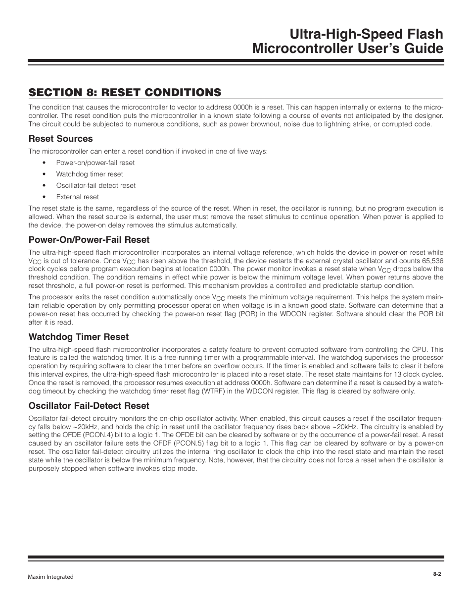 Reset sources, Power-on/power-fail reset, Watchdog timer reset | Oscillator fail-detect reset, Reset sources -2, Power-on/power-fail reset -2, Watchdog timer reset -2, Oscillator fail-detect reset -2 | Maxim Integrated Ultra-High-Speed Flash Microcontroller User Manual | Page 106 / 169