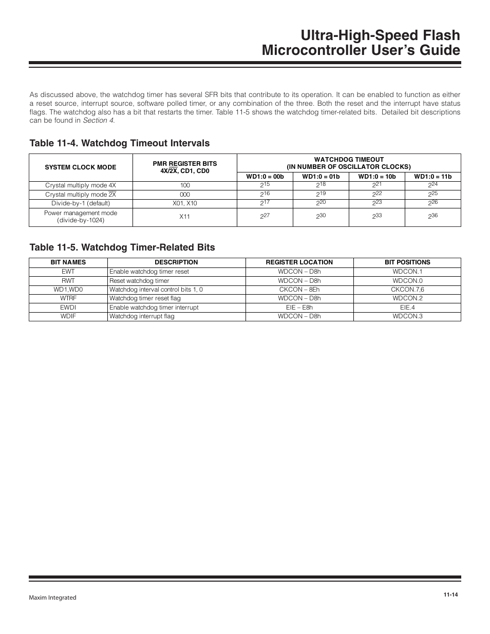 Table 11-4. watchdog timeout intervals -14, Table 11-5. watchdog timer-related bits -14, Table 11-4. watchdog timeout intervals | Table 11-5. watchdog timer-related bits | Maxim Integrated Ultra-High-Speed Flash Microcontroller User Manual | Page 134 / 169