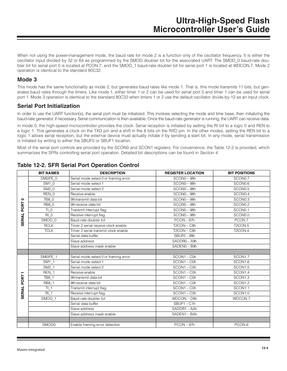 Mode 3, Serial port initialization, Mode 3 -4 | Serial port initialization -4, Table 12-2. sfr serial port operation control -4, Table 12-2. sfr serial port operation control | Maxim Integrated Ultra-High-Speed Flash Microcontroller User Manual | Page 138 / 169
