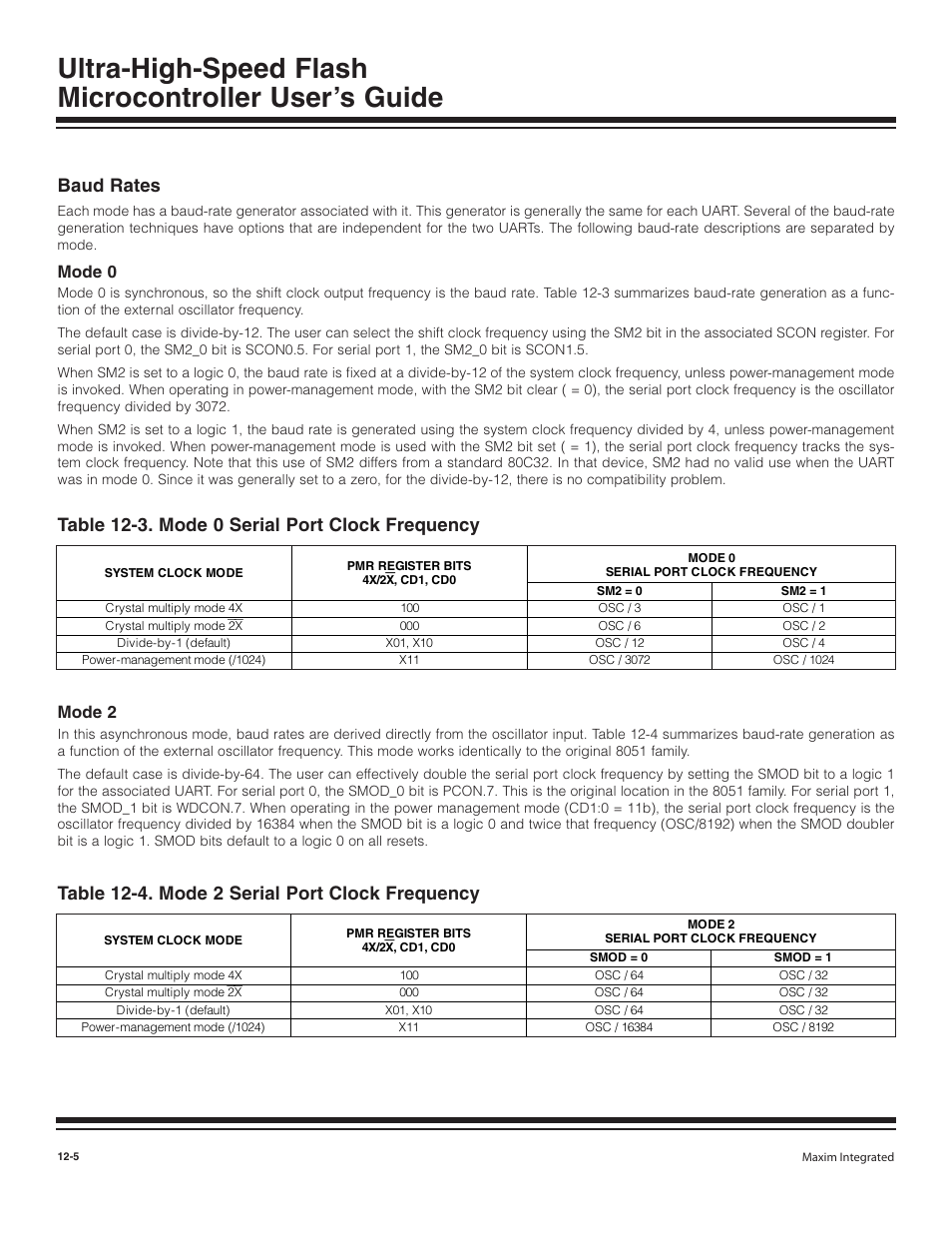 Baud rates, Mode 0, Mode 2 | Baud rates -5, Mode 0 -5, Mode 2 -5, Table 12-3. mode 0 serial port clock frequency -5, Table 12-4. mode 2 serial port clock frequency -5, Table 12-3. mode 0 serial port clock frequency, Table 12-4. mode 2 serial port clock frequency | Maxim Integrated Ultra-High-Speed Flash Microcontroller User Manual | Page 139 / 169