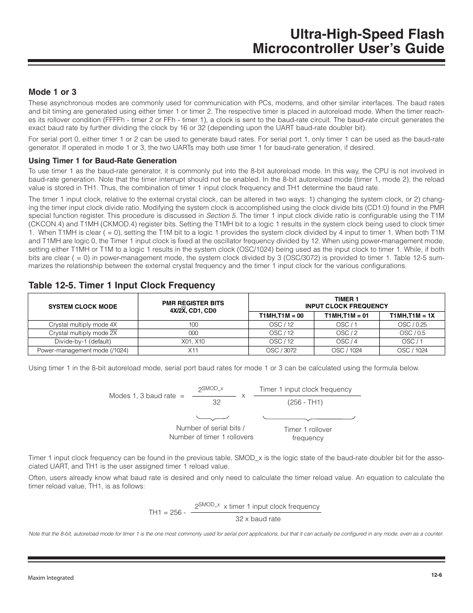 Mode 1 or 3, Using timer 1 for baud-rate, Mode 1 or 3 -6 | Using timer 1 for baud-rate generation -6, Table 12-5. timer 1 input clock frequency -6, Table 12-5. timer 1 input clock frequency | Maxim Integrated Ultra-High-Speed Flash Microcontroller User Manual | Page 140 / 169