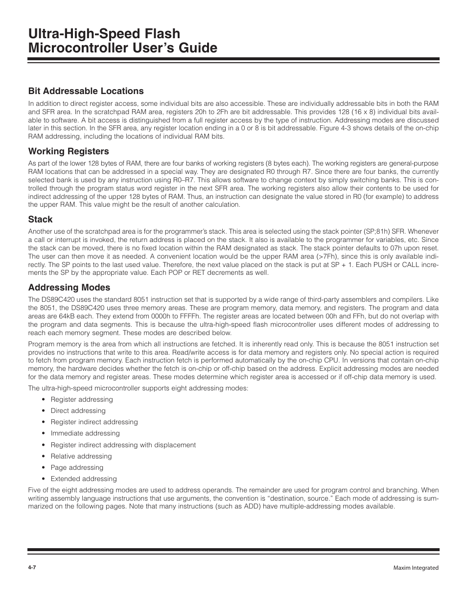 Bit addressable locations, Working registers, Stack | Addressing modes, Bit addressable locations -7, Working registers -7, Stack -7, Addressing modes -7 | Maxim Integrated Ultra-High-Speed Flash Microcontroller User Manual | Page 15 / 169
