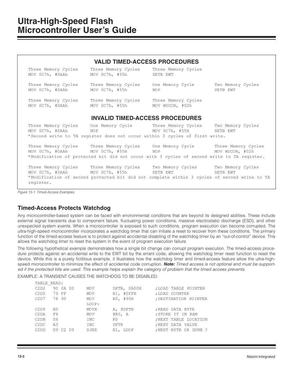 Timed-access protects watchdog, Timed-access protects watchdog -3, Figure 13-1. timed-access examples -3 | Valid timed-access procedures, Invalid timed-access procedures | Maxim Integrated Ultra-High-Speed Flash Microcontroller User Manual | Page 151 / 169