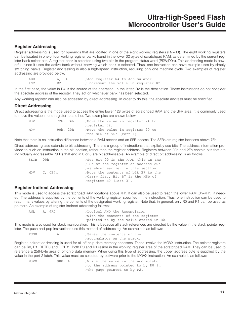 Register addressing, Direct addressing, Register indirect addressing | Register addressing -8, Direct addressing -8, Register indirect addressing -8 | Maxim Integrated Ultra-High-Speed Flash Microcontroller User Manual | Page 16 / 169
