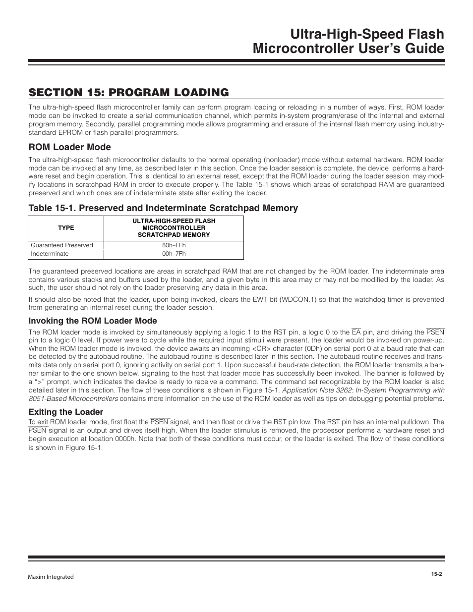 Rom loader mode, Invoking the rom loader mode, Exiting the loader | Rom loader mode -2, Invoking the rom loader mode -2, Exiting the loader -2 | Maxim Integrated Ultra-High-Speed Flash Microcontroller User Manual | Page 160 / 169