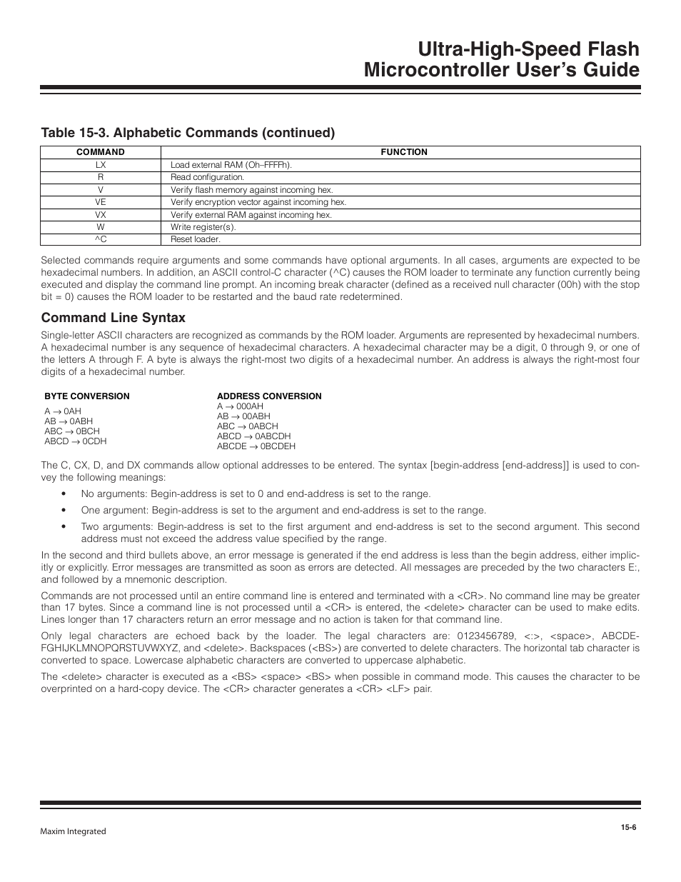 Command line syntax, Command line syntax -6, Table 15-3. alphabetic commands (continued) | Maxim Integrated Ultra-High-Speed Flash Microcontroller User Manual | Page 164 / 169