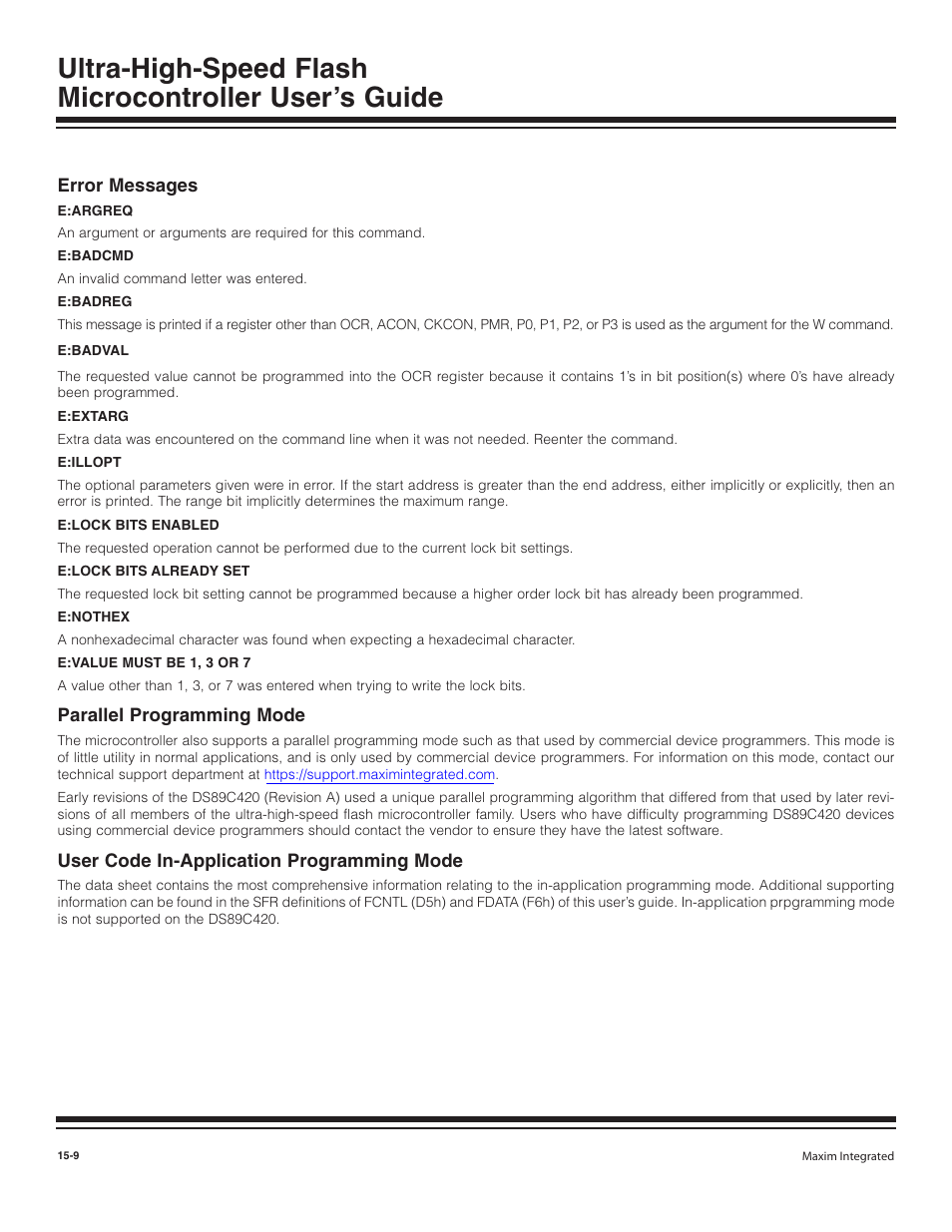 Error messages, Parallel programming mode, User code in-application pro | Error messages -9, Parallel programming mode -9, User code in-application programming mode -9, User code in-application programming mode | Maxim Integrated Ultra-High-Speed Flash Microcontroller User Manual | Page 167 / 169