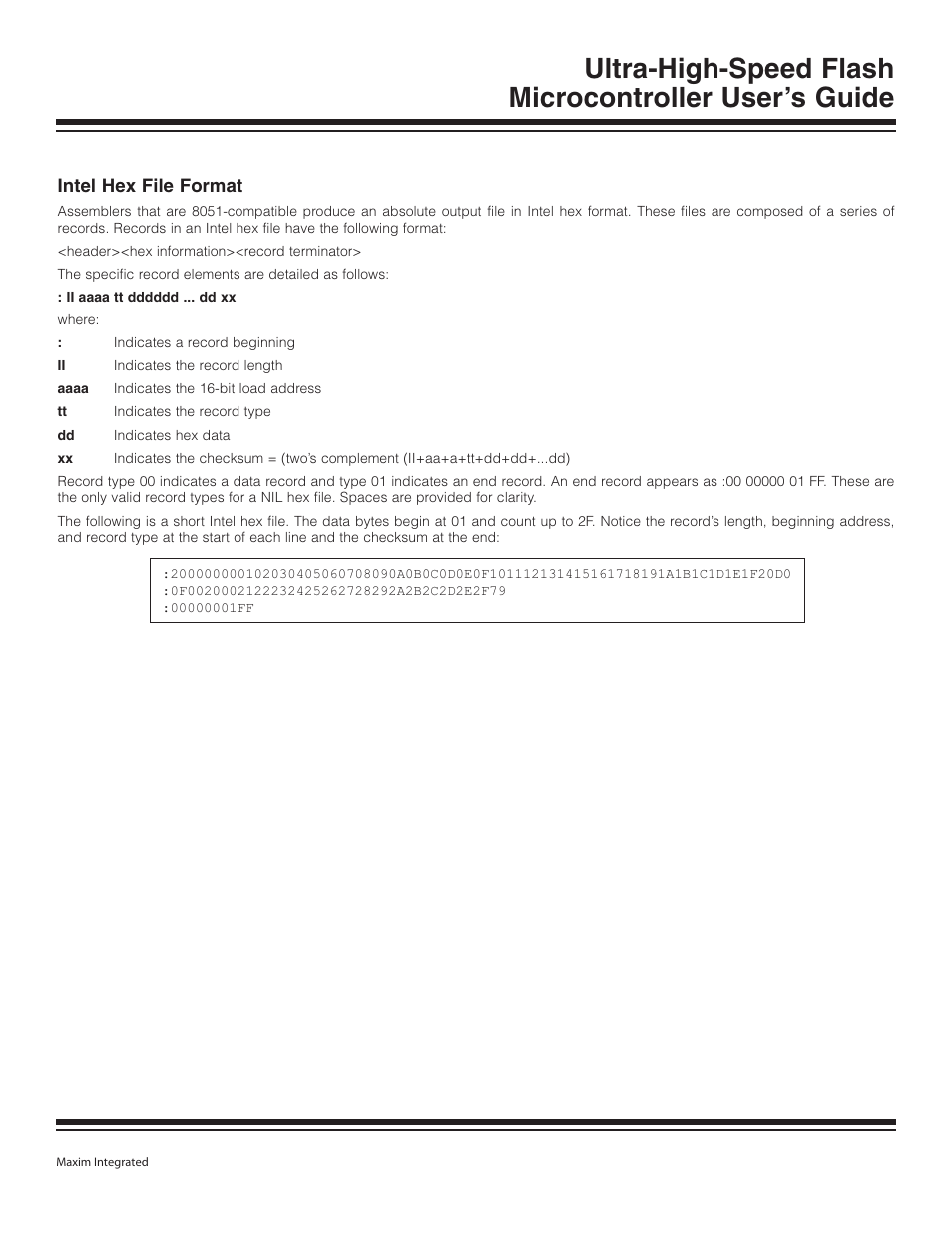 Intel hex file format, Intel hex file format -10 | Maxim Integrated Ultra-High-Speed Flash Microcontroller User Manual | Page 168 / 169