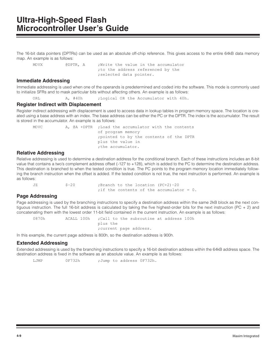 Immediate addressing, Register indirect with displ, Relative addressing | Extended addressing, Immediate addressing -9, Register indirect with displacement -9, Relative addressing -9, Extended addressing -9 | Maxim Integrated Ultra-High-Speed Flash Microcontroller User Manual | Page 17 / 169