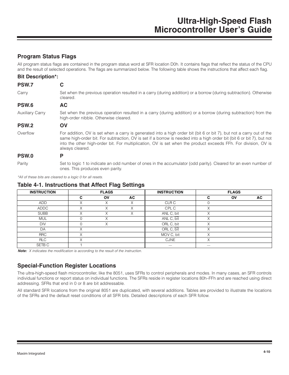 Program status flags, Special-function register lo, Program status flags -10 | Special-function register locations -10, Special-function register locations, Table 4-1. instructions that affect flag settings, Bit description*: psw.7 c, Psw.6 ac, Psw.2 ov, Psw.0 p | Maxim Integrated Ultra-High-Speed Flash Microcontroller User Manual | Page 18 / 169