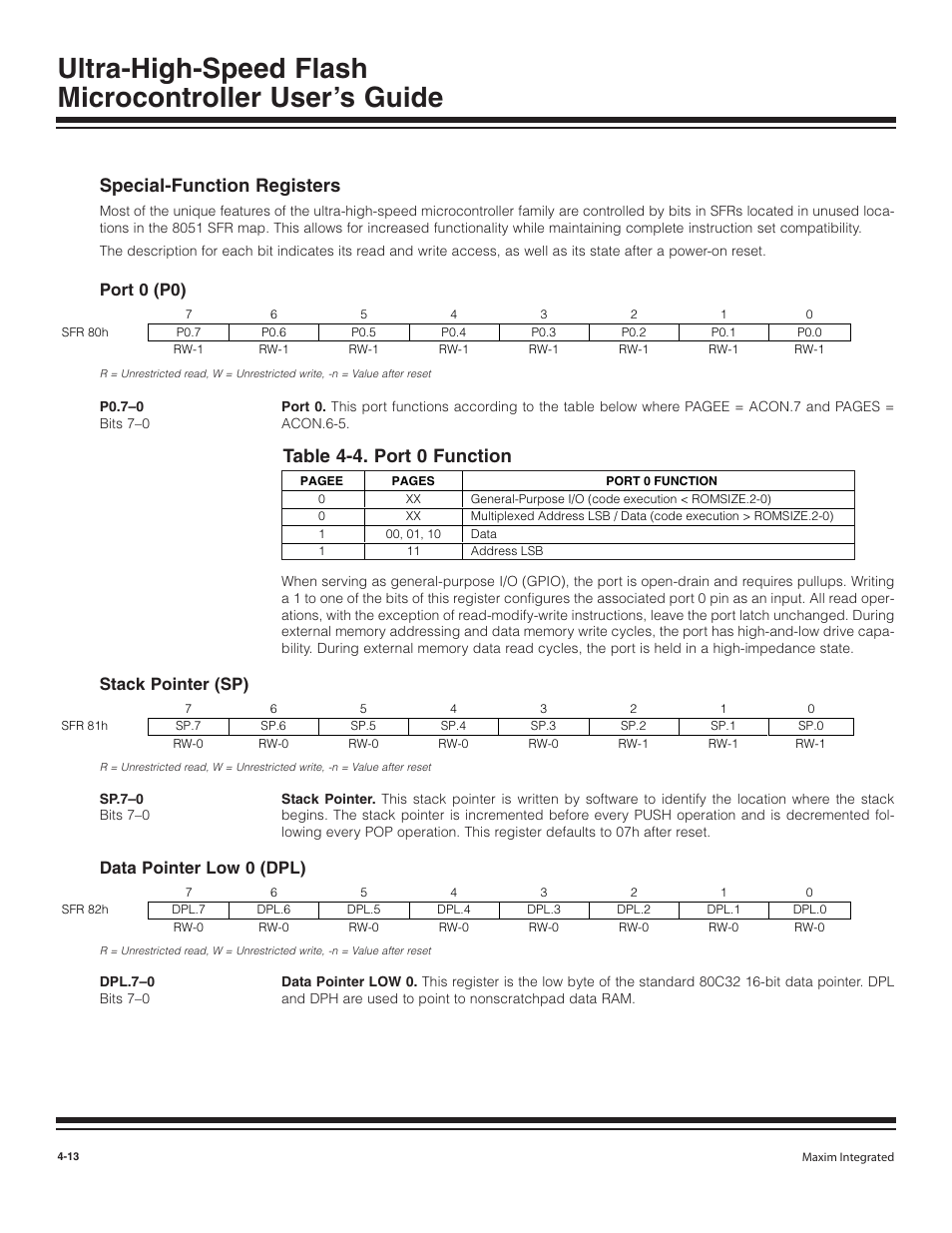 Special-function registers, Port 0 (p0), Stack pointer (sp) | Data pointer low 0 (dpl), Special-function registers -13, Port 0 (p0) -13, Stack pointer (sp) -13, Data pointer low 0 (dpl) -13, Table 4-4. port 0 function -13, Table 4-4. port 0 function | Maxim Integrated Ultra-High-Speed Flash Microcontroller User Manual | Page 21 / 169
