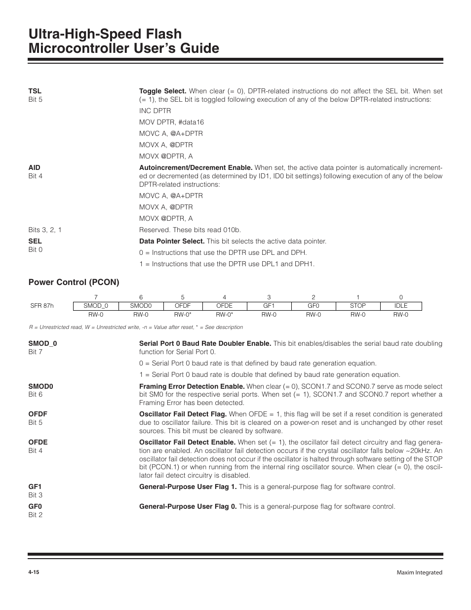 Power control (pcon), Power control (pcon) -15 | Maxim Integrated Ultra-High-Speed Flash Microcontroller User Manual | Page 23 / 169