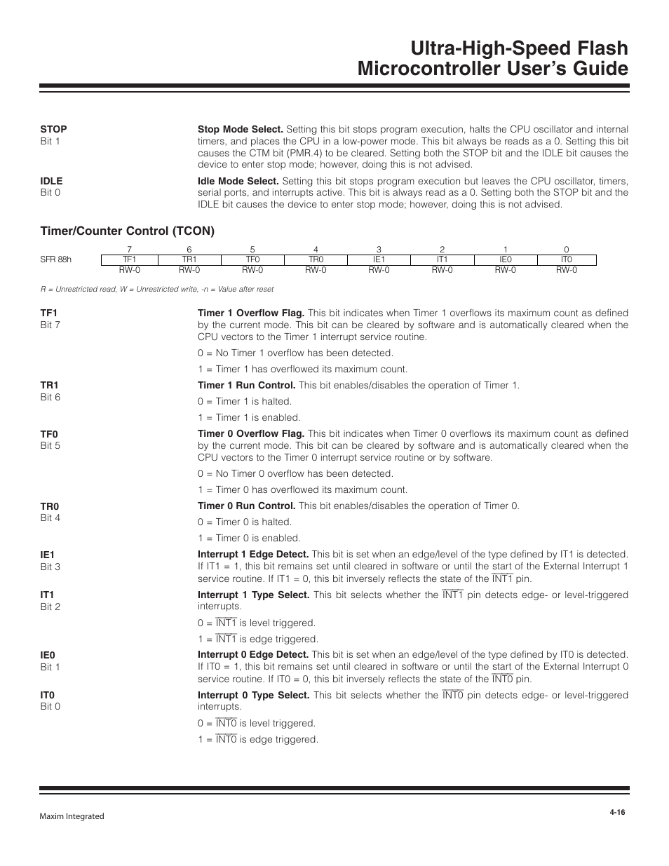 Timer/counter control (tcon), Timer/counter control (tcon) -16 | Maxim Integrated Ultra-High-Speed Flash Microcontroller User Manual | Page 24 / 169