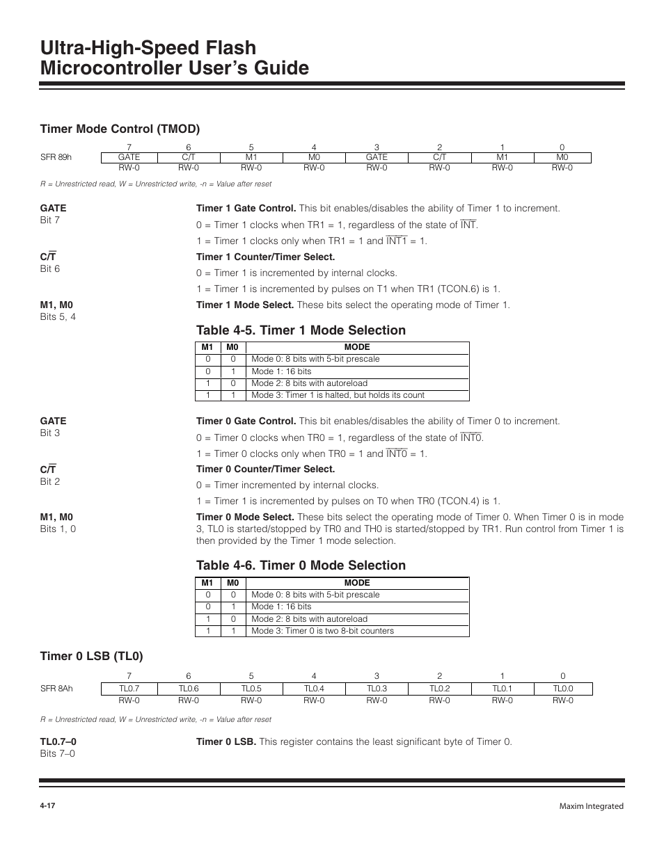Timer mode control (tmod), Timer 0 lsb (tl0), Timer mode control (tmod) -17 | Timer 0 lsb (tl0) -17, Table 4-5. timer 1 mode selection -17, Table 4-6. timer 0 mode selection -17, Table 4-6. timer 0 mode selection, Table 4-5. timer 1 mode selection | Maxim Integrated Ultra-High-Speed Flash Microcontroller User Manual | Page 25 / 169