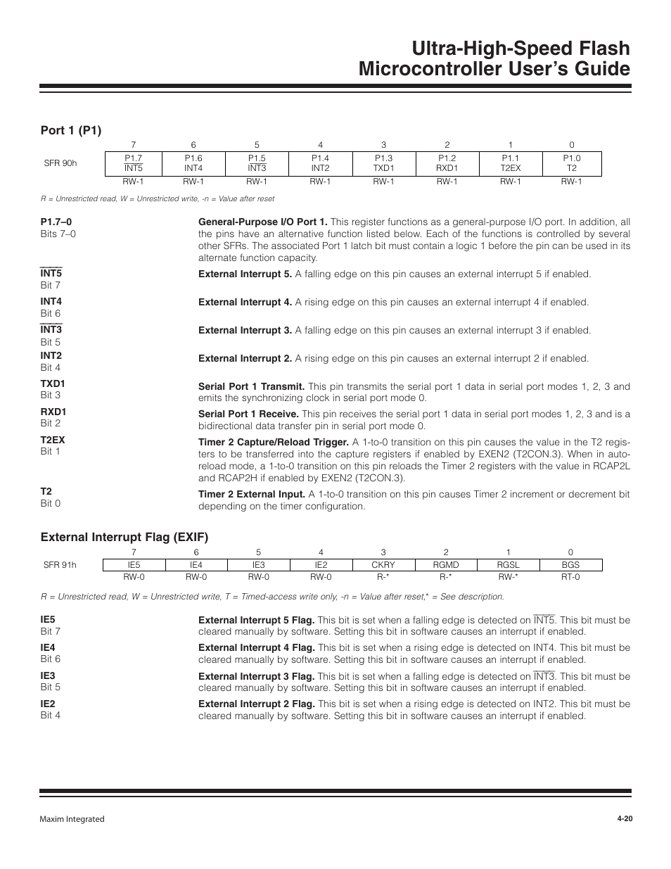Port 1 (p1), External interrupt flag (exif), Port 1 (p1) -20 | External interrupt flag (exif) -20 | Maxim Integrated Ultra-High-Speed Flash Microcontroller User Manual | Page 28 / 169