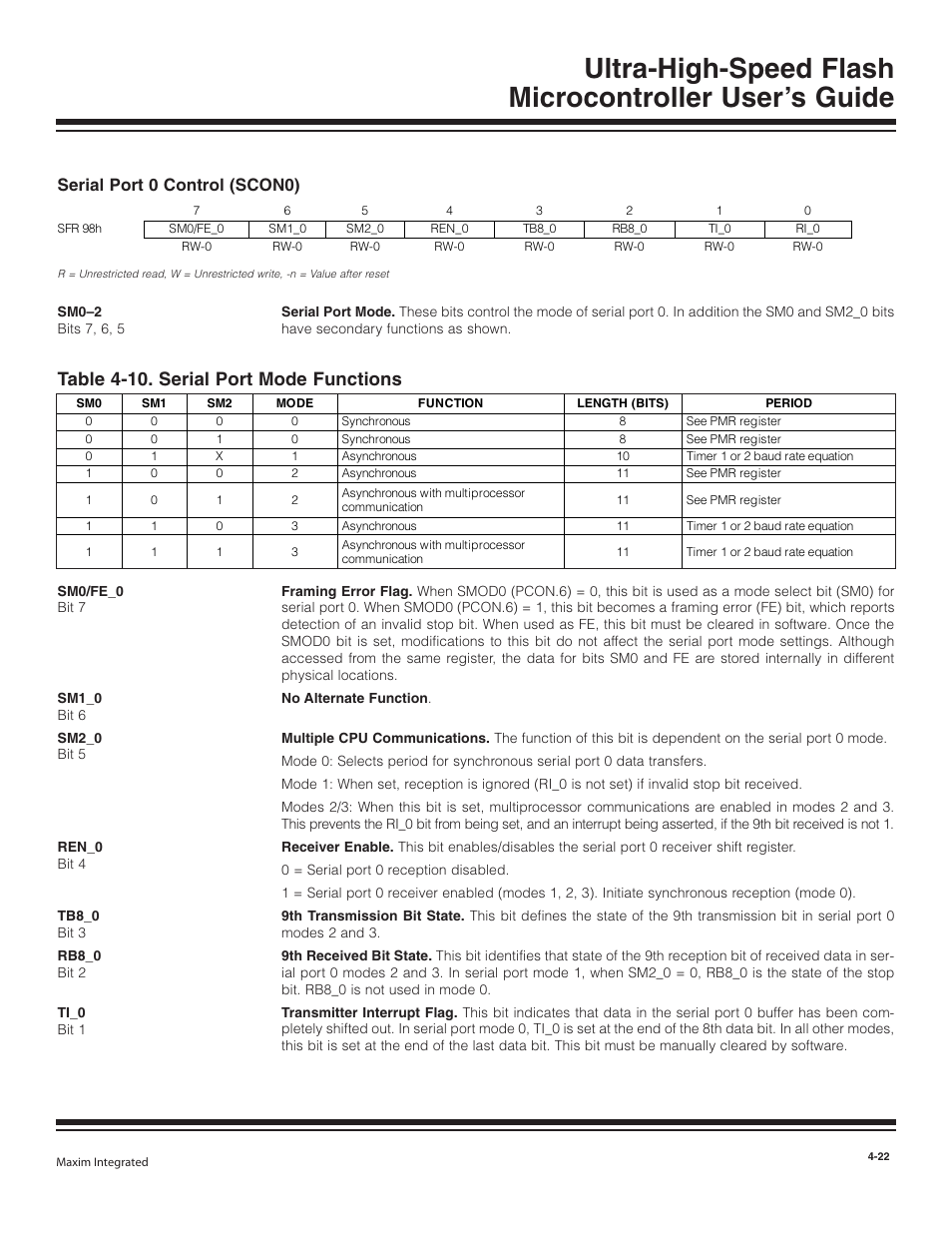 Serial port 0 control (scon0), Serial port 0 control (scon0) -22, Table 4-10. serial port mode functions -22 | Table 4-10. serial port mode functions | Maxim Integrated Ultra-High-Speed Flash Microcontroller User Manual | Page 30 / 169