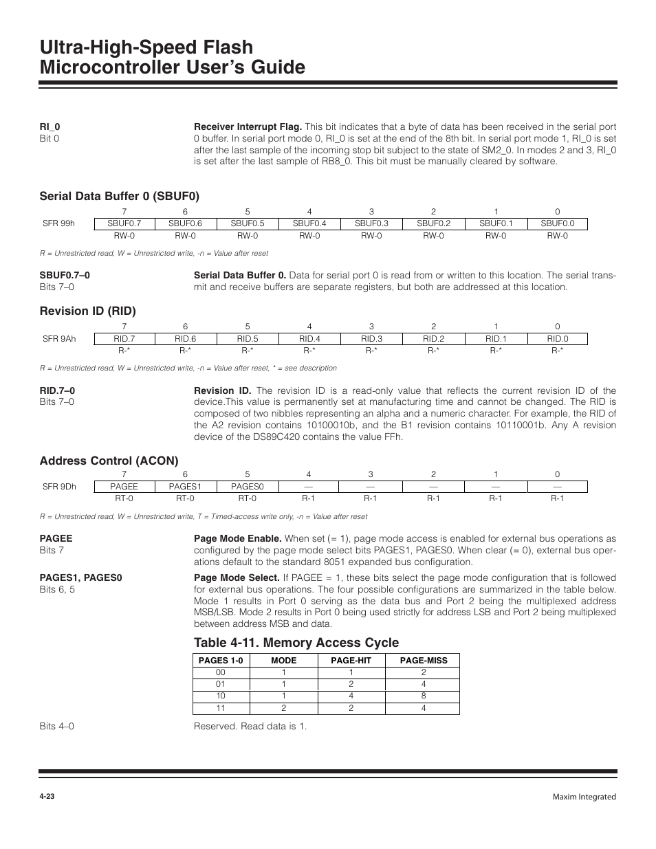 Serial data buffer 0 (sbuf0), Revision id (rid), Address control (acon) | Serial data buffer 0 (sbuf0) -23, Revision id (rid) -23, Address control (acon) -23, Table 4-11. memory access cycle -23 | Maxim Integrated Ultra-High-Speed Flash Microcontroller User Manual | Page 31 / 169