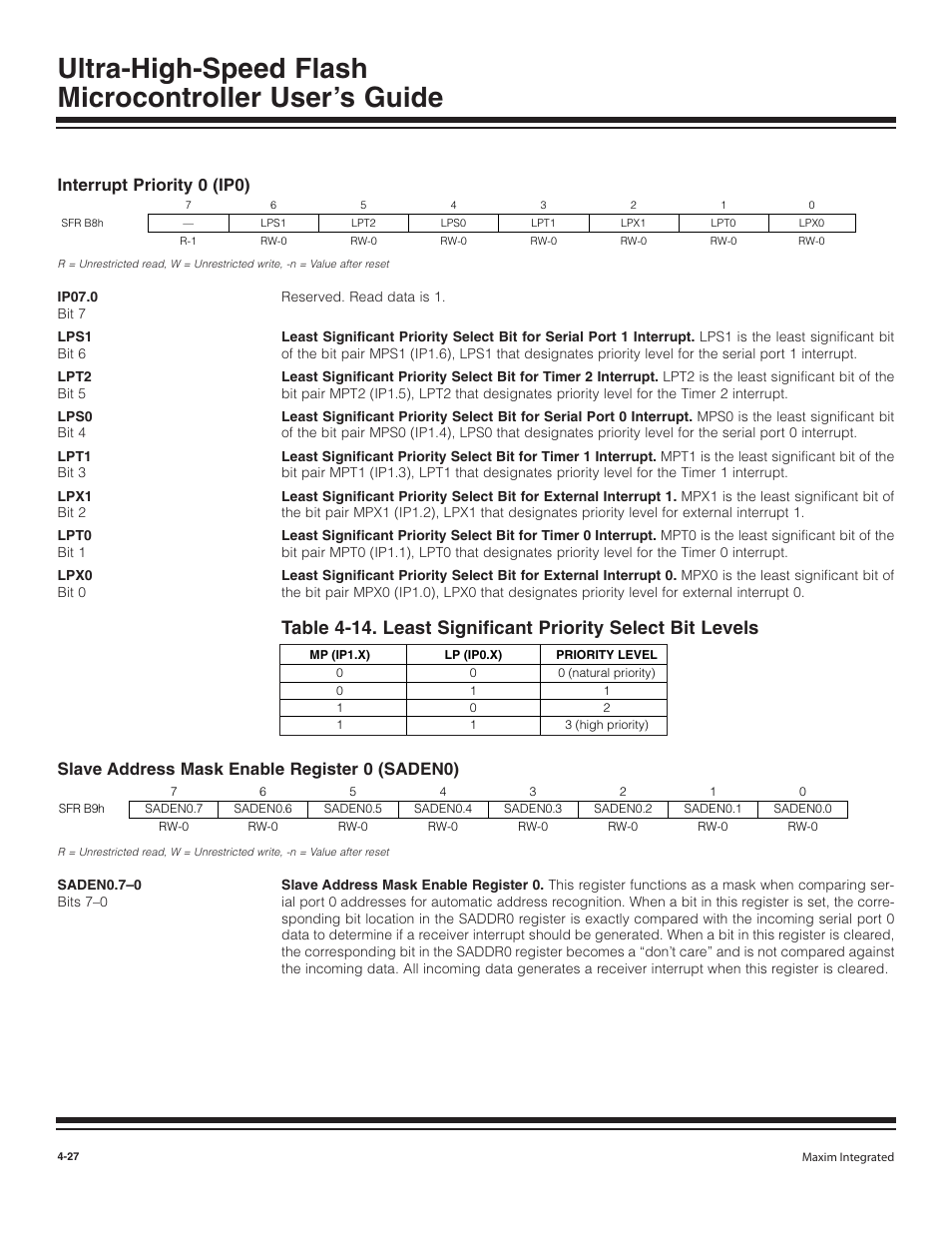 Interrupt priority 0 (ip0), Slave address mask enable re, Interrupt priority 0 (ip0) -27 | Slave address mask enable register 0 (saden0) -27, Slave address mask enable register 0 (saden0) | Maxim Integrated Ultra-High-Speed Flash Microcontroller User Manual | Page 35 / 169